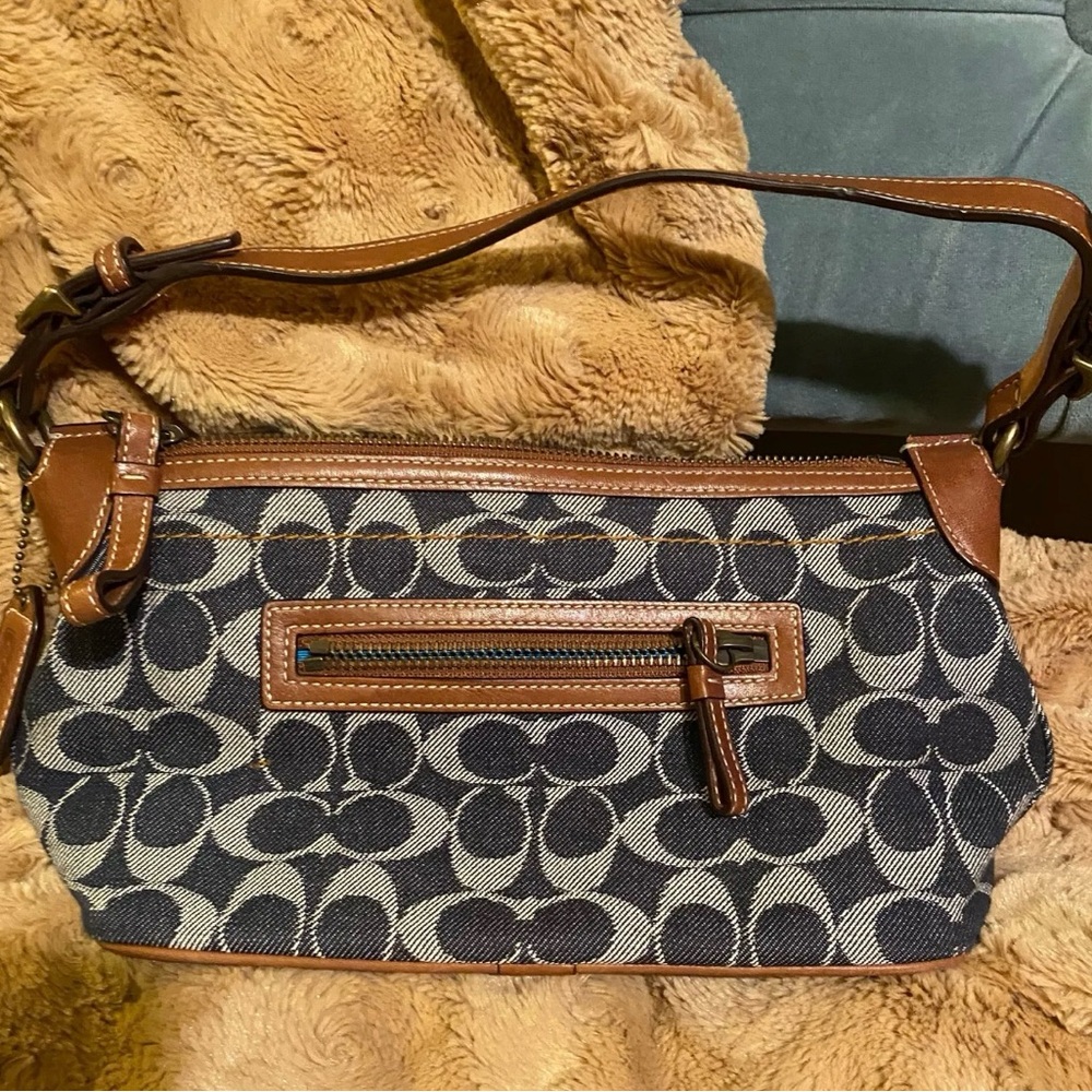 Vintage Coach Denim Monogram Shoulder Bag with Blue & Cream Stripe - Picture 2 of 3